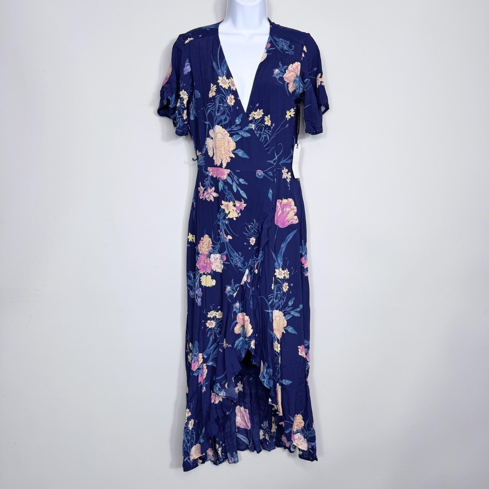 Leith Dress Womens Small Blue Floral Wrap Hi Low Maxi Ruffle Hem Flutter Sleeve